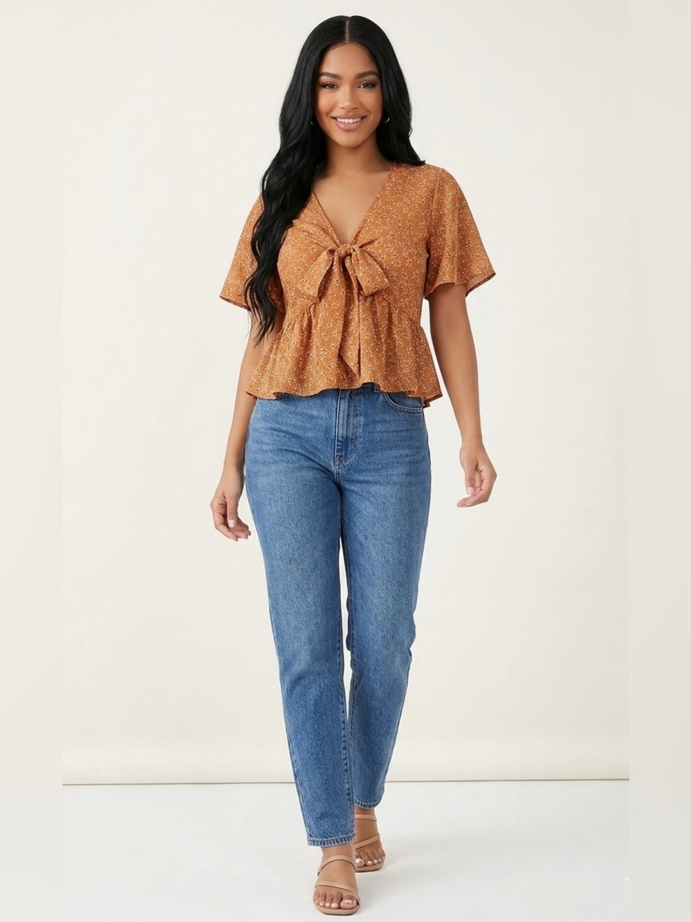SHEIN Mustard Floral Tie-Front Flutter Sleeve Blouse